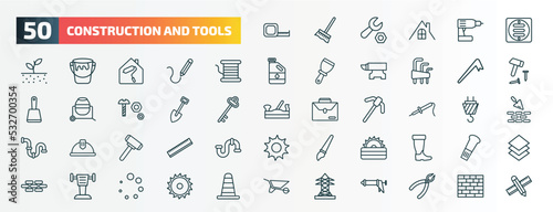 set of 50 special lineal construction and tools icons. outline icons such as open scale, drain, copper, crowbar, spade tool, iron soldering, sledge hammer, carpenter cutter, rammer, electric tower