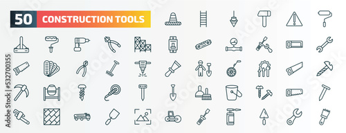 set of 50 special lineal construction tools icons. outline icons such as traffic cone, paint roller, scaffolding, metal saw, gardening rake, improvement, garage screw, bucket, parquet, garage