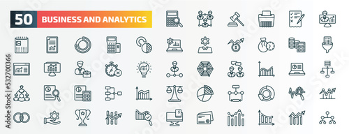 set of 50 special lineal business and analytics icons. outline icons such as supplies, user stats, value chart, spending, time out, profit analysis, accounting, flow chart, revenue, business card