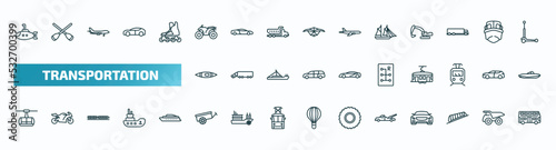 set of 40 special lineal transportation icons. outline icons such as small submarine, quad, schooner, kayak, gear box, chairlift, oxcart, wrecker, funicular railway, double decker bus line icons. photo