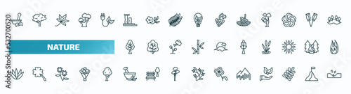 set of 40 special lineal nature icons. outline icons such as therapy, ruins, vineyard, tree with big foliage, the maples tree, agave, flower therapy, melting, branches with leaves, sow line icons. © Farahim
