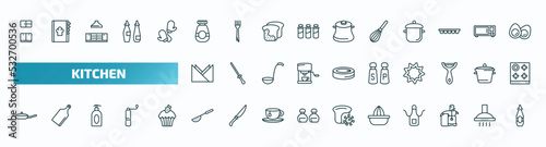 set of 40 special lineal kitchen icons. outline icons such as kitchen cabinet  jar  beater  napkin  salt and pepper  pan  sugar sifter  squeezer  juicer  sauce line icons.