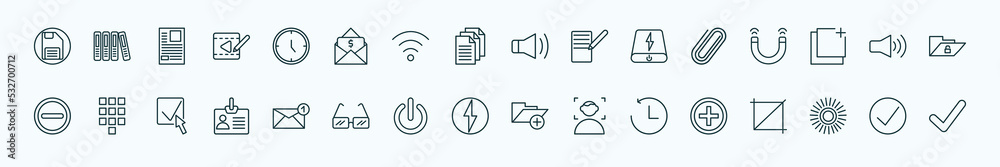 special lineal user interface icons set. outline icons such as floppy disk save button, hours, loud audio, shaped paper clip, high volume loudspeaker, telephone keypad, new email envelope, lightning special lineal user interface icons set. outline icons such as floppy disk save button, hours, loud audio, shaped paper clip, high volume loudspeaker, telephone keypad, new email envelope, lightning