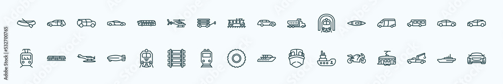 special lineal transportation icons set. outline icons such as dugout canoe, modern bus, hearse, kayak, sedan, light rail, train front, all terrain, tugboat, tow truck, icebreaker ship line icons.