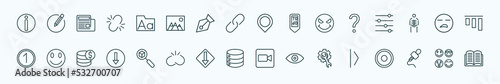 special lineal user interface icons set. outline icons such as information, fonts, point at, question mark, boring, smile smile, tracking, disk storage, work tools, mic interface, the of line