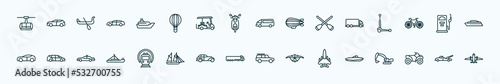 special lineal transportation icons set. outline icons such as chairlift, cruiser, minibus, lorry, fuel dispenser, people carrier, , tanker, military airplane, all terrain vehicle, wrecker line
