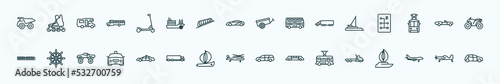 special lineal transportation icons set. outline icons such as haul, kick scooter, oxcart, catamaran, cabriolet, ship helm, police car, military helicopter, trolleybus, jumbo jet, crop duster line