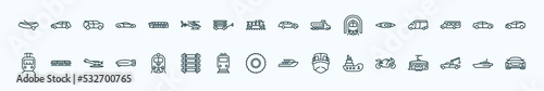 special lineal transportation icons set. outline icons such as dugout canoe, modern bus, hearse, kayak, sedan, light rail, train front, all terrain, tugboat, tow truck, icebreaker ship line icons.