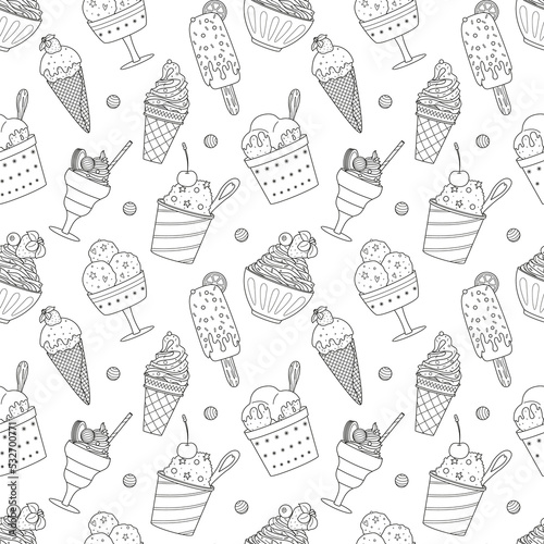 Seamless pattern with outline different ice cream, popsicle, waffle cone, bowl with whipped food. Doodle sweet summer desserts. Hand drawn black and white vector illustration on white background.