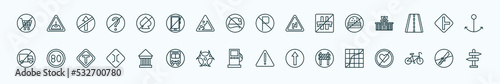 special lineal traffic signs icons set. outline icons such as no shopping cart, no gambling, no parking, fast food, side road, speed limit, museum, gas station, barrier, bicycle, weapons line icons.