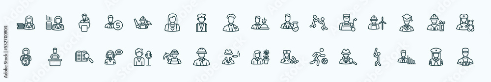 special lineal professions icons set. outline icons such as librarian, carpenter, waiter, welder, fireman, software developer, showman, mafia, basketball player, statistician, policewoman line special lineal professions icons set. outline icons such as librarian, carpenter, waiter, welder, fireman, software developer, showman, mafia, basketball player, statistician, policewoman line