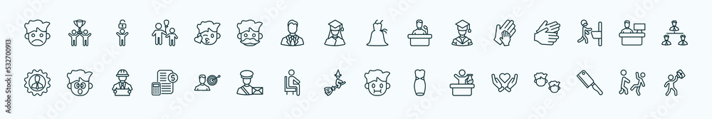 special lineal people icons set. outline icons such as sad smile, kiss smile, bridesmaids, hand of an adult, assembler, surprised smile, man with target, witch flying broom, chemist working, butcher
