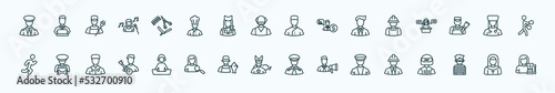 special lineal professions & jobs icons set. outline icons such as captain, barber, concierge, builder, physician assistant, mechanic, dj, superhero, taxi driver, thief, nun line icons.