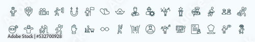 special lineal people icons set. outline icons such as napoleon figure, electromagnet, tumb up business man, cinema award, students, getting dressed, slap, man attacking, man playing a flute, chief,