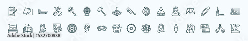 special lineal other icons set. outline icons such as paper list and a pencil, baby's rattle, pipe wrench, arabian woman, kremln, speell book, roulette table, monster, woman with hijab, sea business