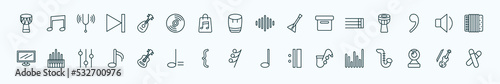 special lineal music and media icons set. outline icons such as djembe, mandolin, acoustic, bold double bar line, low volume speaker, organ, acoustic guitar, thirty second note rest, jazz, webcam
