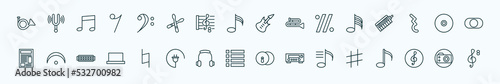special lineal music and media icons set. outline icons such as french horn, bass clef, bass guitar, hemidemisemiquaver, dvd disc, fermata, natural, dotted barline, playlist, clef, photo camera line