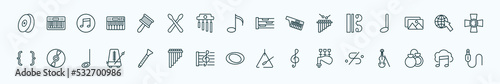 special lineal music and media icons set. outline icons such as cymbal, cabasa, whole rest, alto clef, globe with pointer, music record, clarinet, whole, bagpipes, castanets, downloaded music cloud