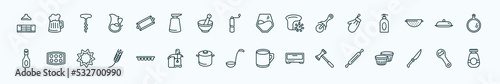 special lineal kitchen icons set. outline icons such as kitchen, tray, glass, kitchen mitten, platter, muffin pan, ice cube tray, ladle, meat tenderizer, knives, bottle opener line icons.
