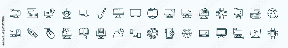 special lineal computer icons set. outline icons such as pc with monitor, morning work, circular de, data analyser, keyboard with cable, tv controller, book and computer mouse, responsive de,