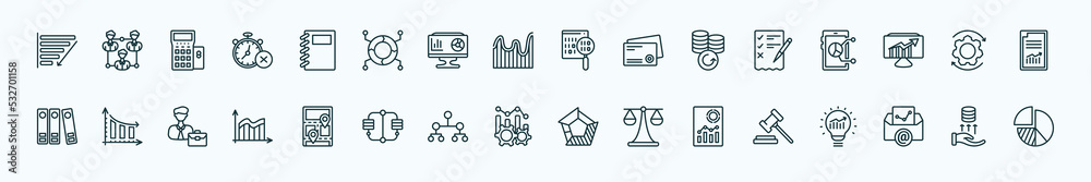 special lineal business and analytics icons set. outline icons such as depleting chart, workbook, binary data search, revision, synchronization, bars chart analysis, 3d location graph, production,