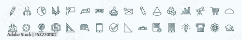 special lineal education icons set. outline icons such as geometric pencil, teach, new email, creche, shopping cart, solar system, square, check mark, favorite book, greek pillar, atomic orbitals