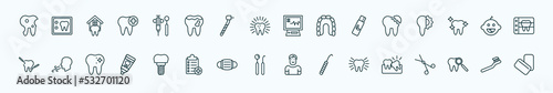 special lineal dentist icons set. outline icons such as bicuspid, dental hook, ekg monitor, broken tooth, baby dental, breath, implant, dentist tools, clean tooth, check up, toothbrushes line icons.