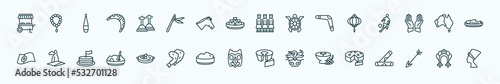 special lineal culture icons set. outline icons such as food stall, cemetery, army, chinese lantern, australian continent, pico cao, crema catalana, native american mask, ajoblanco, native,