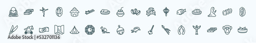 special lineal culture icons set. outline icons such as crocodile leather bag, mud hut, coffee grains, marine fish, ajotomate, trebuchet, native american wigwam, sleigh bell, native american spear,
