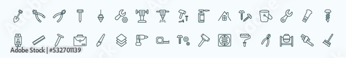 special lineal construction tools icons set. outline icons such as spade tool, plumb bob, hammer and nail, screws, wedge tool, school ruler, paint brush, open scale, drain, cement mixers, stillson