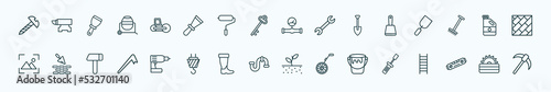 special lineal construction tools icons set. outline icons such as screw, road roller, gas pipe, bolster, gallon oil, construction works, cordless drill, plumbing, open paint bucket, plumb rule