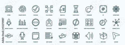 special lineal user interface icons set. outline icons such as store, full screen, forward, rocket launch, envelope, user ting interface, desactivate, sort down, high volume, open box line icons.