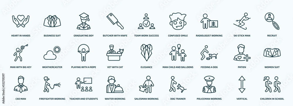 special lineal people icons set. outline icons such as heart in hands, butcher with knife, radiologist working, man with big key, vet with cat, feeding a dog, ceo man, waiter working, policeman
