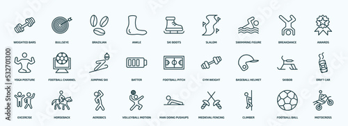 special lineal sports icons set. outline icons such as weighted bars, ankle, swimming figure, yoga posture, batter, baseball helmet, excercise, volleyball motion, climber, football ball line icons.