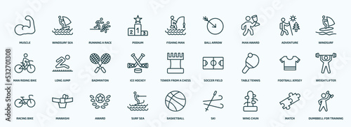 special lineal sports icons set. outline icons such as muscle, podium, man award, man riding bike, ice hockey, table tennis, racing bike, surf sea, wing chun, match line icons.