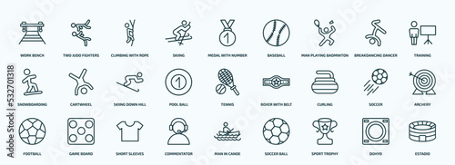 special lineal sports icons set. outline icons such as work bench, skiing, man playing badminton, snowboarding, pool ball, curling, football, commentator, sport trophy, dohyo line icons.