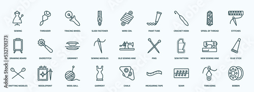special lineal sew icons set. outline icons such as sewing, slide fastener, crochet hook, drawing board, sewing needles, sew pattern, knitting neddles, garment, seam, threading line icons.