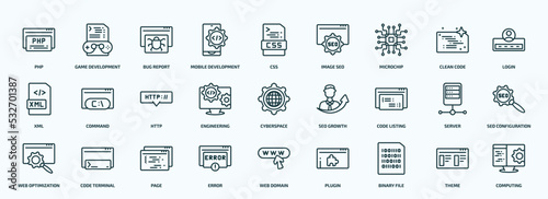 special lineal programming icons set. outline icons such as php, mobile development, microchip, xml, engineering, code listing, web optimization, error, binary file, theme line icons.