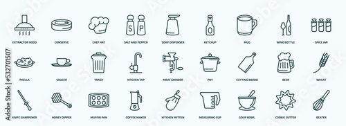 special lineal kitchen icons set. outline icons such as extractor hood, salt and pepper, mug, paella, kitchen tap, cutting board, knife sharpener, coffee maker, soup bowl, cookie cutter line icons.