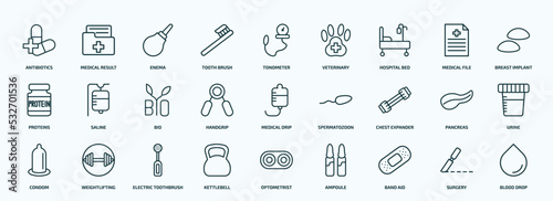 special lineal health and medical icons set. outline icons such as antibiotics, tooth brush, hospital bed, proteins, handgrip, chest expander, condom, kettlebell, band aid, surgery line icons.