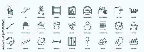 special lineal hotel and restaurant icons set. outline icons such as guest, bunk bed, receptionist, stairway, reception, vending hine, 24 service, reserved, onigiri, breakfast line icons.