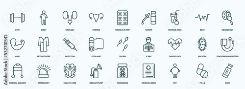 special lineal medical icons set. outline icons such as gym, uterus, orange juice, arm, yoga mat, cardiology, medical walker, breast pump, fat, pills line icons.