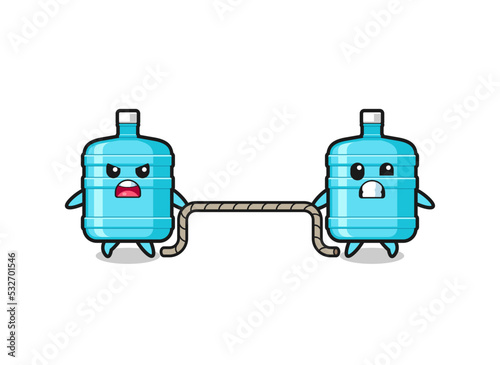cute gallon water bottle character is playing tug of war game
