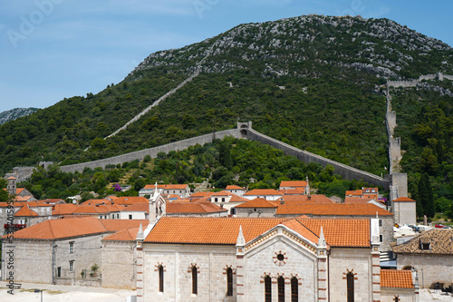 View on Ston defensive walls, the second longest city wall in the world, after the Great Wall of China, from Fort Kastio, Croatia photo