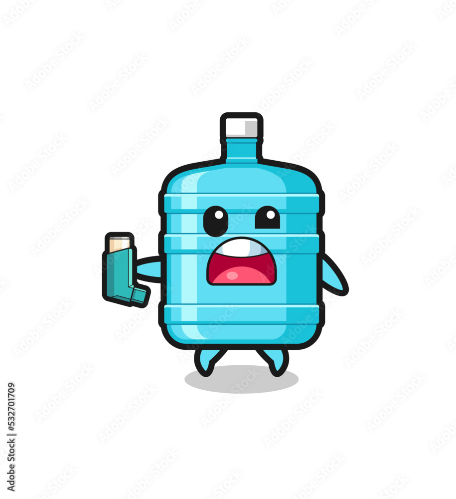 gallon water bottle mascot having asthma while holding the inhaler