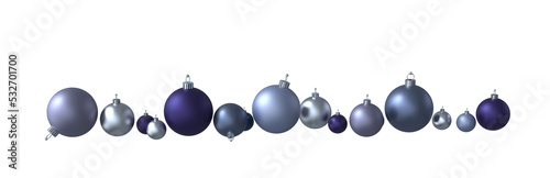 elegant banner horizontal row of matte purple blue silver christmas baubles balls isolated no shadow copy space - 3d rendering illustration photo