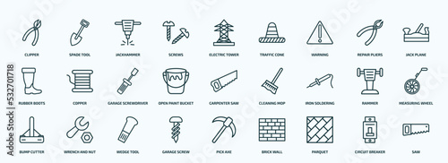 special lineal construction tools icons set. outline icons such as clipper, screws, warning, rubber boots, open paint bucket, iron soldering, bump cutter, garage screw, parquet, circuit breaker line