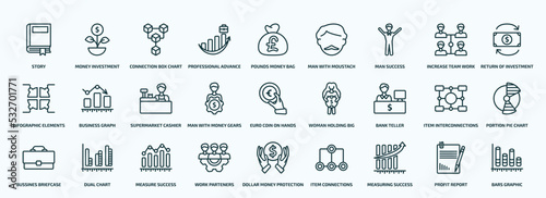 special lineal business icons set. outline icons such as story, professional advance, man success, infographic elements, man with money gears, bank teller, bussines briefcase, work parteners,