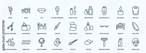 special lineal beauty icons set. outline icons such as aroma, inclined hairbrush, shampoo bottle, manicure scissors, curlers, two eyelashes, nail polish removal, electric shaver, disposable razor,