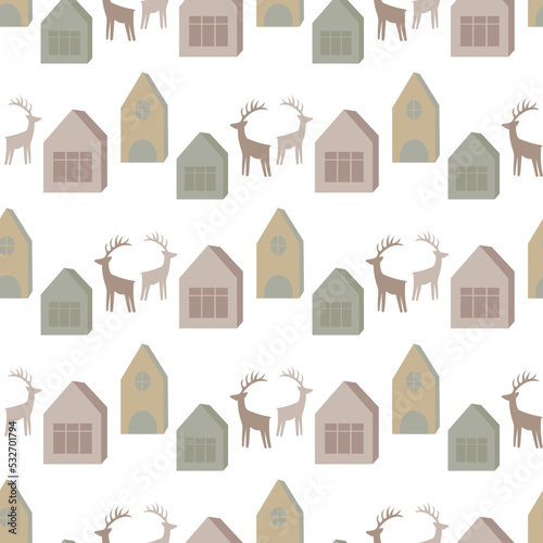 Seamless pattern with houses and deer. Pattern in boho style. Scandinavian style. Christmas pattern. Vector pattern.